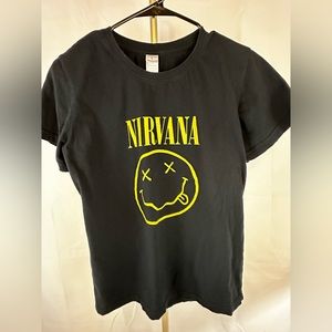 Nirvana tee. Black tee with yellow graphics & writing. Smiley logo. Size Small.